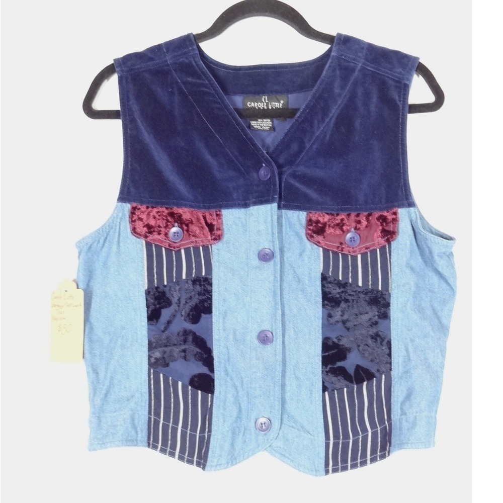 VTG Carole Little Patchwork Vest Medium Blue Velvet Denim Boho Mixed Media‎ 90s